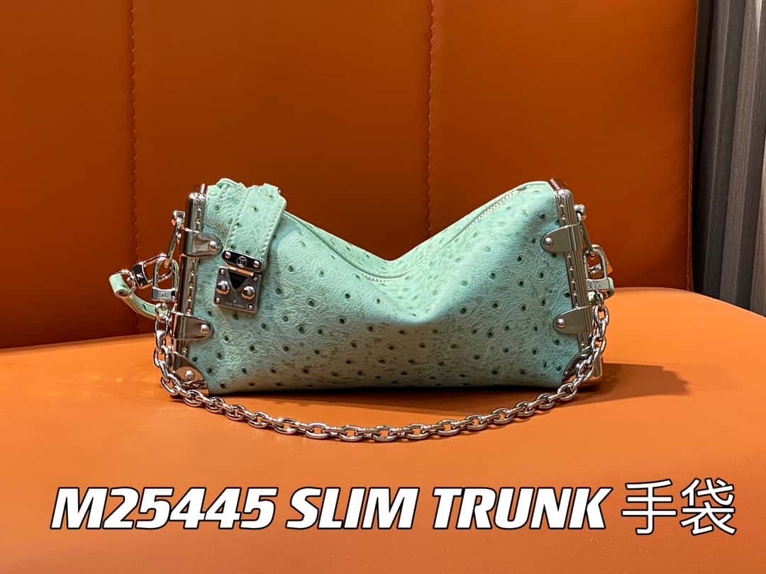 【原單精品】M25445淺綠色鴕鳥紋全皮 軟盒子系列 SLIM TRUNK 手袋-頂級1:1精品高仿包包香港台灣批發價格推薦微信哪裡買