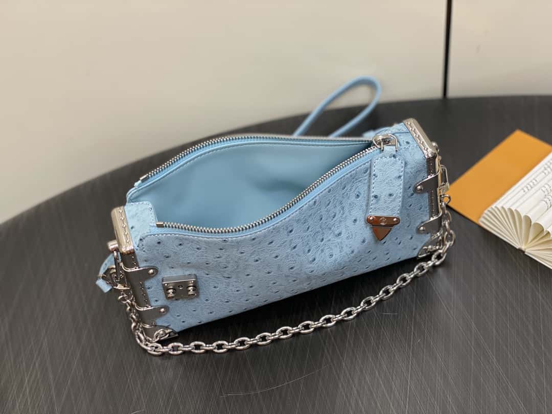 【原單精品】M25445天藍色鴕鳥紋全皮 軟盒子系列 SLIM TRUNK 手袋-頂級1:1精品高仿包包香港台灣批發價格推薦微信哪裡買
