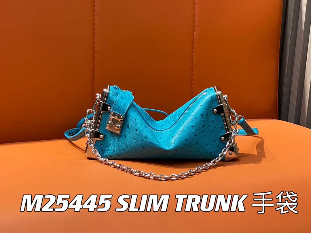 【原單精品】M25445藍色鴕鳥紋全皮 軟盒子系列 SLIM TRUNK 手袋-頂級1:1精品高仿包包香港台灣批發價格推薦微信哪裡買