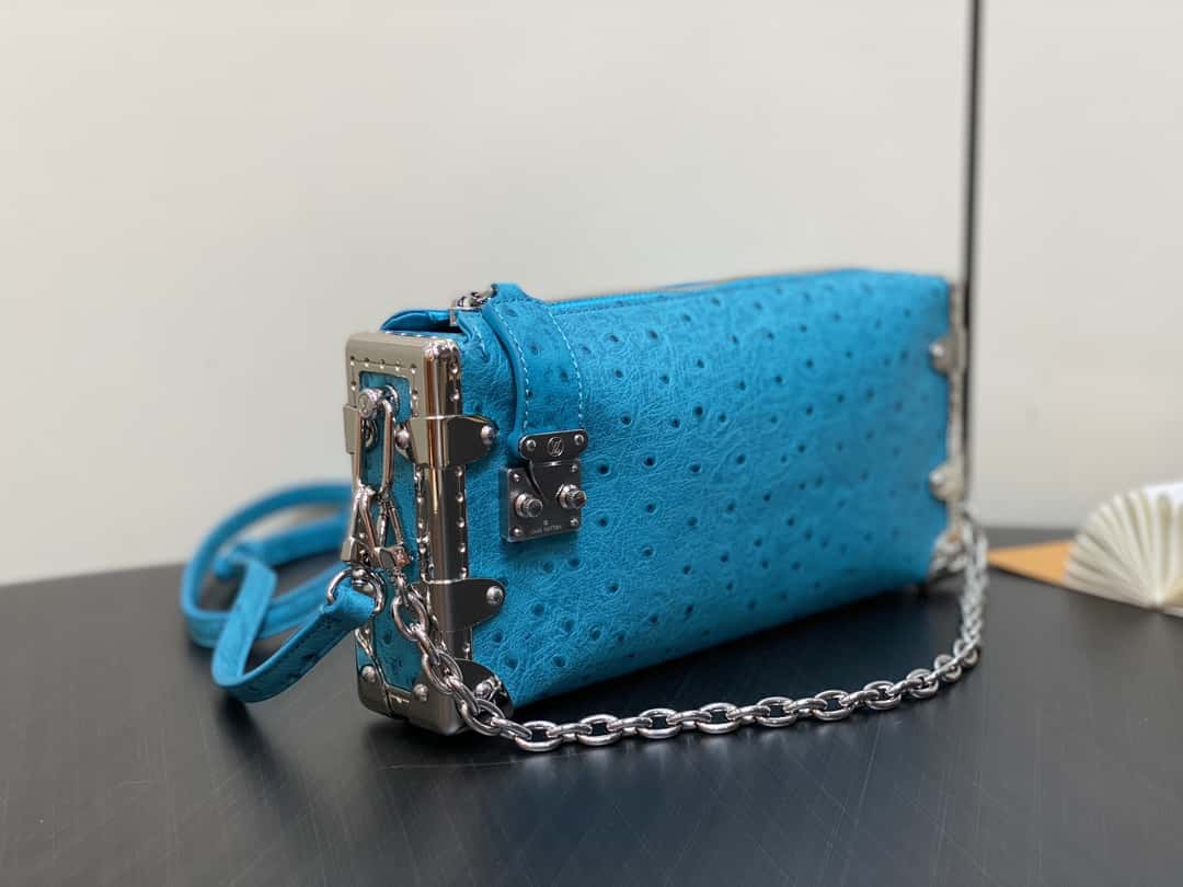 【原單精品】M25445藍色鴕鳥紋全皮 軟盒子系列 SLIM TRUNK 手袋-頂級1:1精品高仿包包香港台灣批發價格推薦微信哪裡買